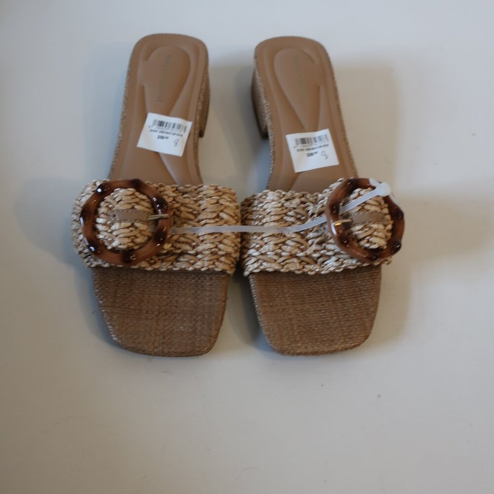 Woven Straw Slide Sandals with Tortoiseshell Buckle - Tan